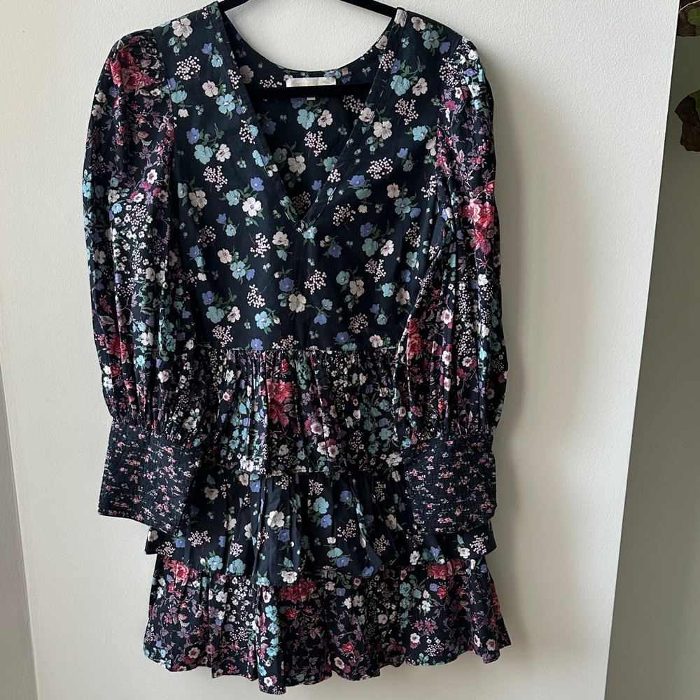LoveShackFancy Floral Mini Dress - Black and Pink